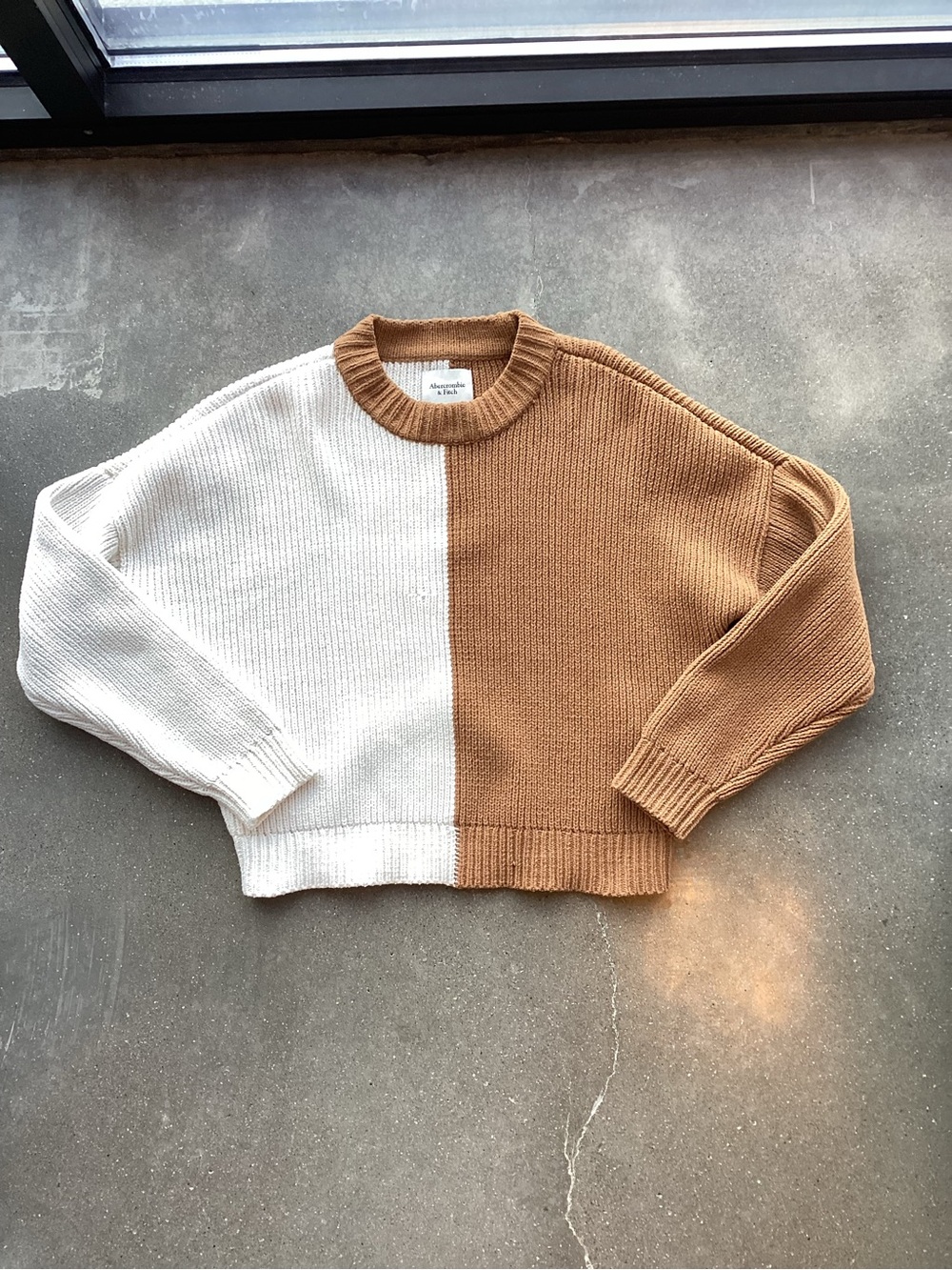 Abercrombie & Fitch Two-Tone Crewneck Sweater in White and Tan